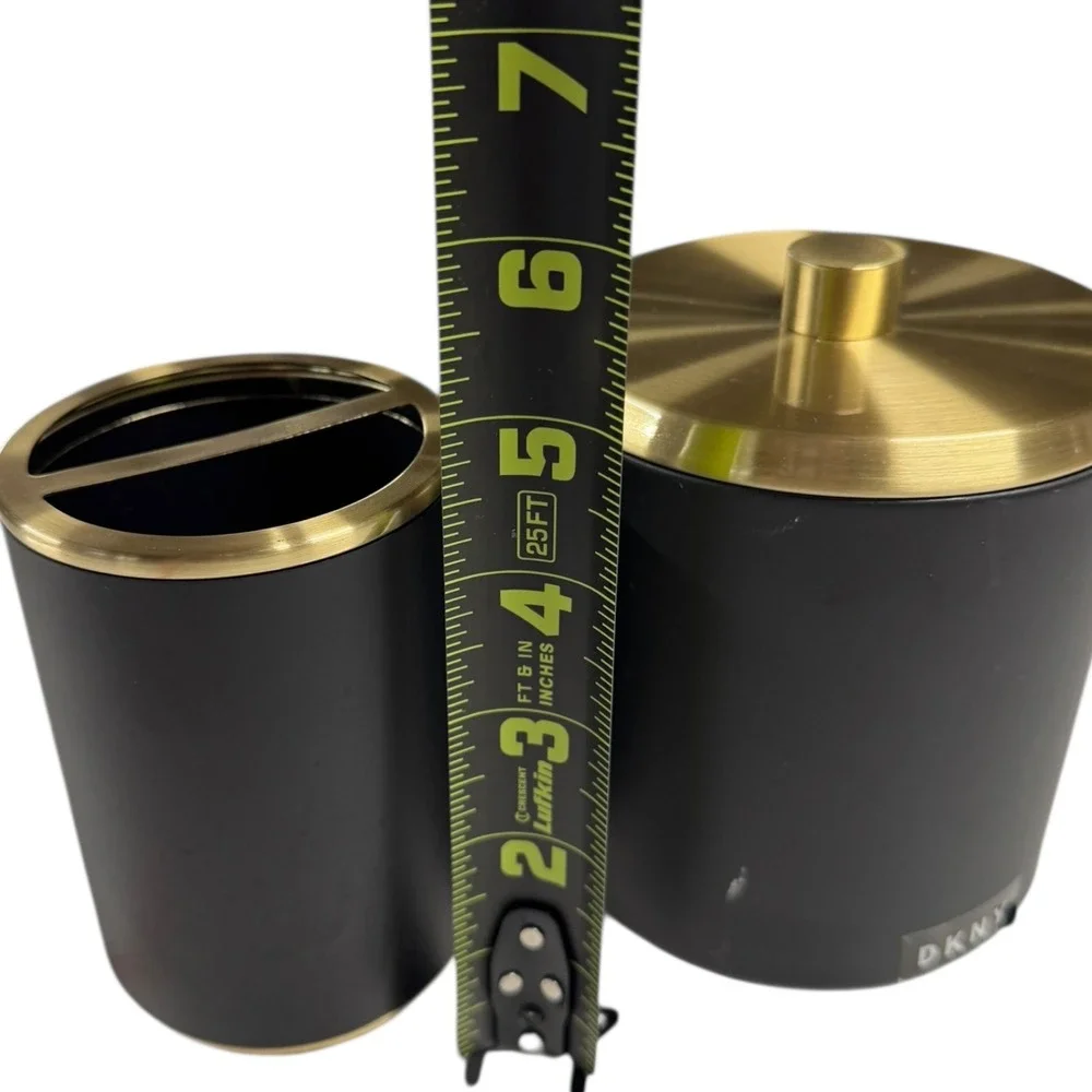 DKNY Bathroom Set Vanity Organizer Toothbrush Holder Canister Black &‎ Gold